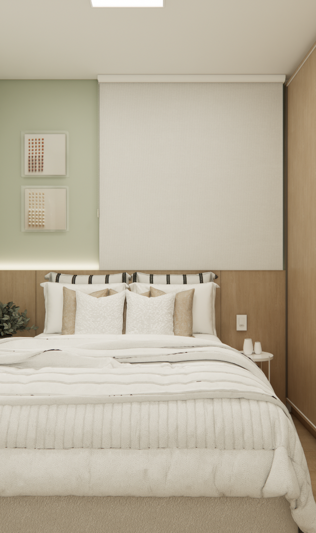 Render 3D de quarto pequeno com cama, armário de madeira, parede verde, espelho e iluminação indireta quente