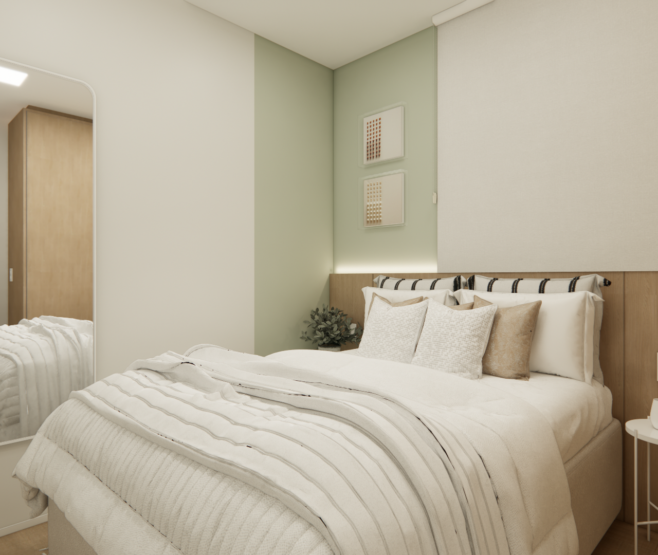 Render 3D de quarto pequeno com tons de verde e madeira, cama com enxoval branco, espelho grande e iluminação indireta
