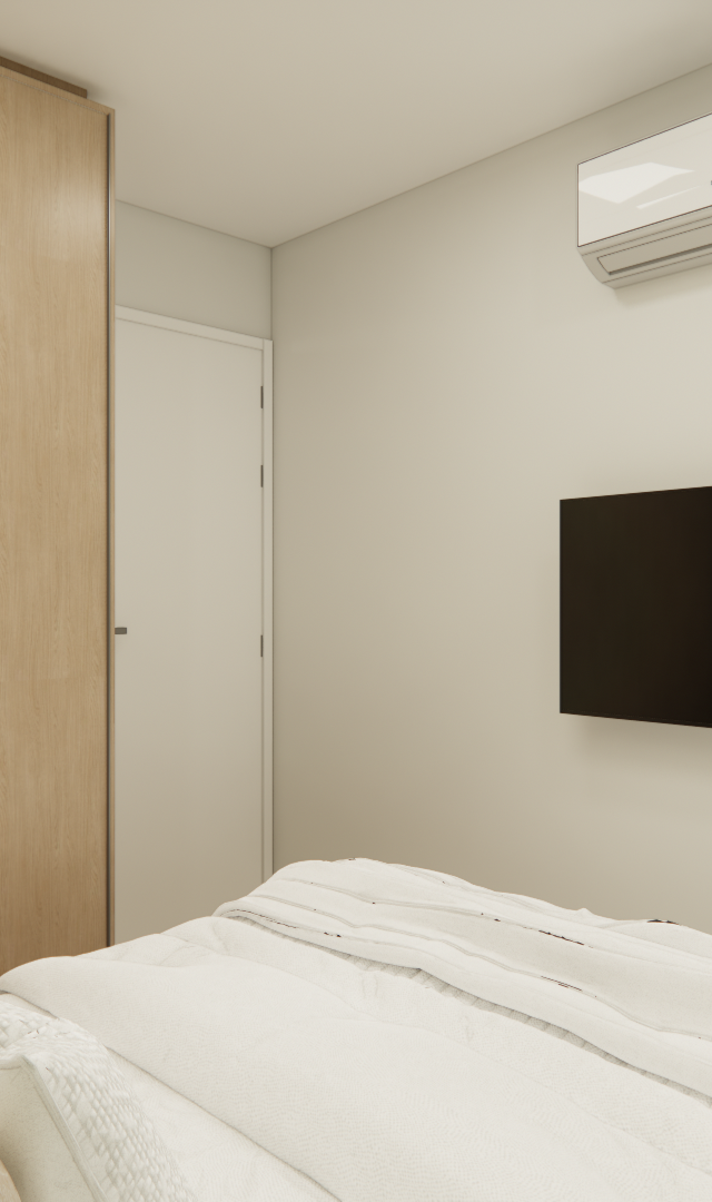Render 3D de quarto pequeno em tons neutros com armário de madeira, cama com enxoval claro, TV na parede e ar-condicionado