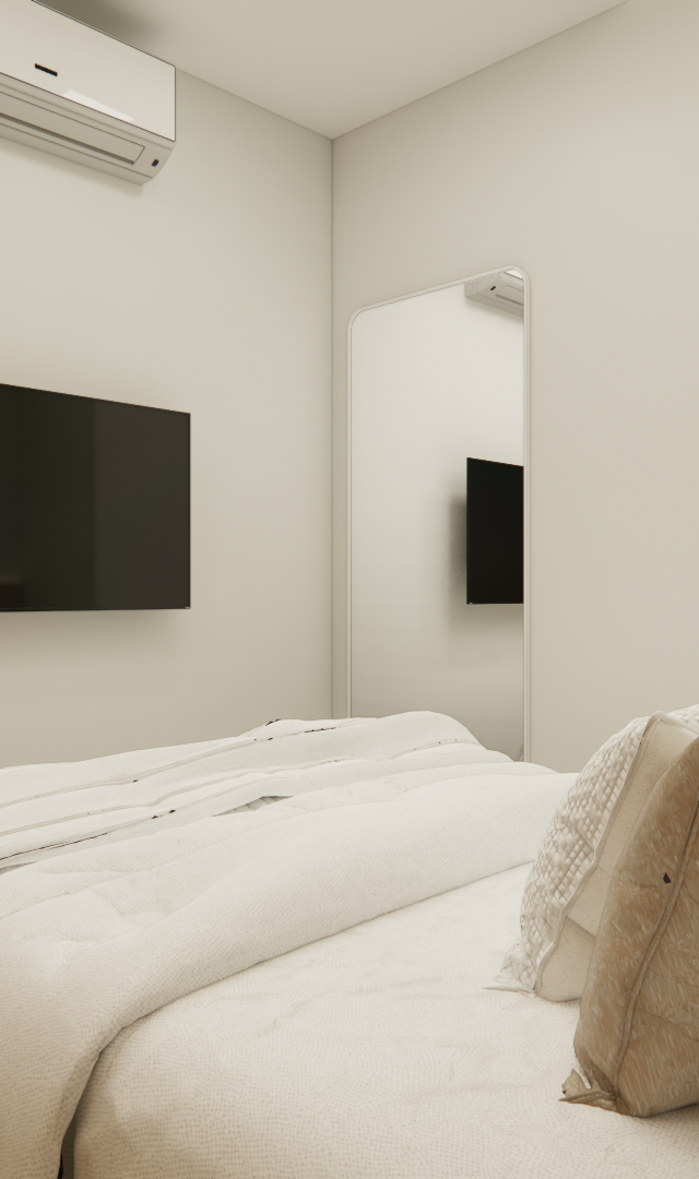 Render 3D de quarto compacto com cama de casal, TV na parede, ar-condicionado e espelho alto, em tons claros e neutros