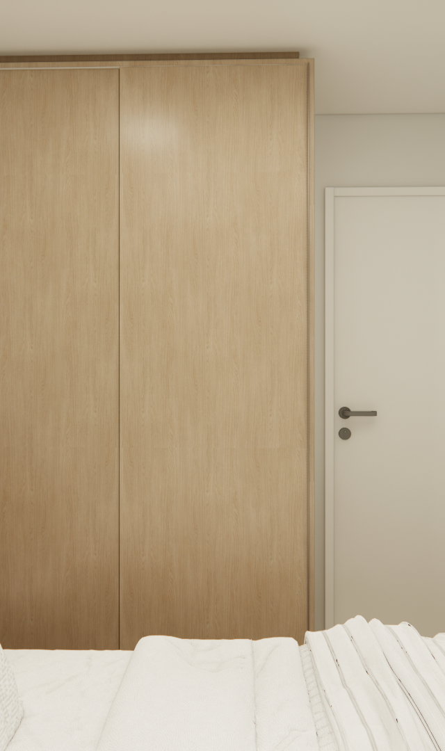 Render 3D de quarto pequeno em tons neutros com armário de madeira clara, porta branca, cama e TV na parede lateral