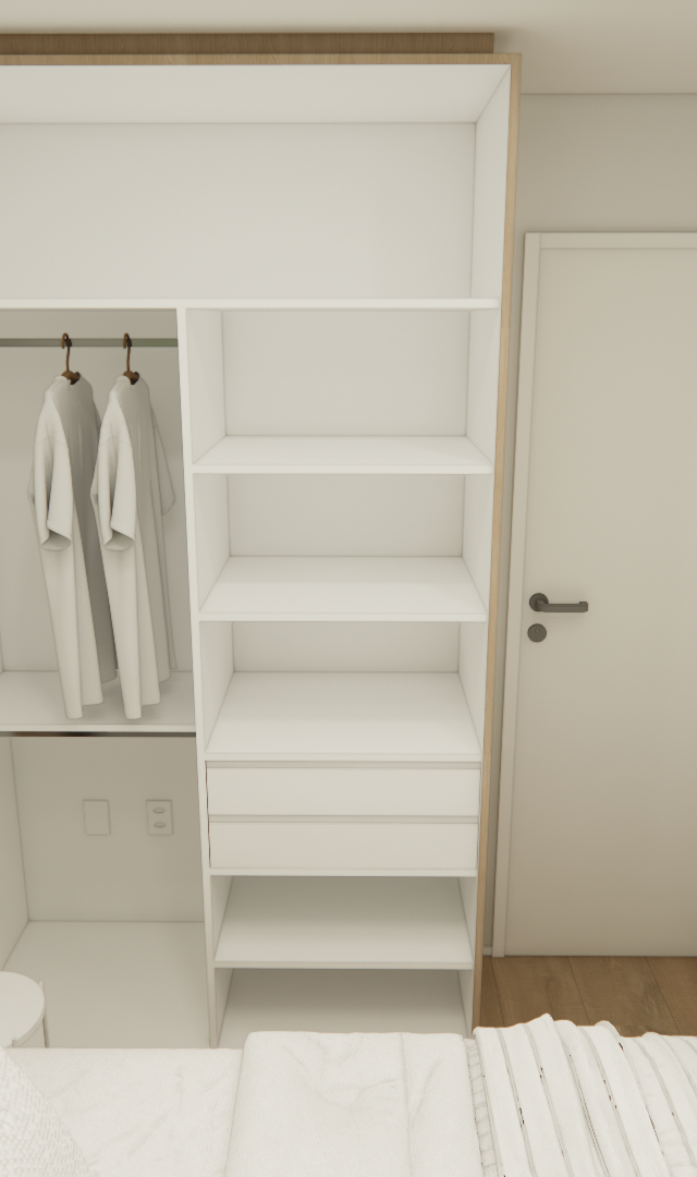 Render 3D de quarto pequeno com guarda-roupa aberto branco e madeira, cama de casal, paredes claras e piso amadeirado