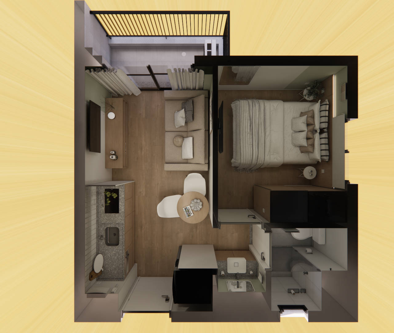 Planta 3D vista superior de apartamento de 29m² com sala, quarto, cozinha linear, banheiro e varanda em tons neutros