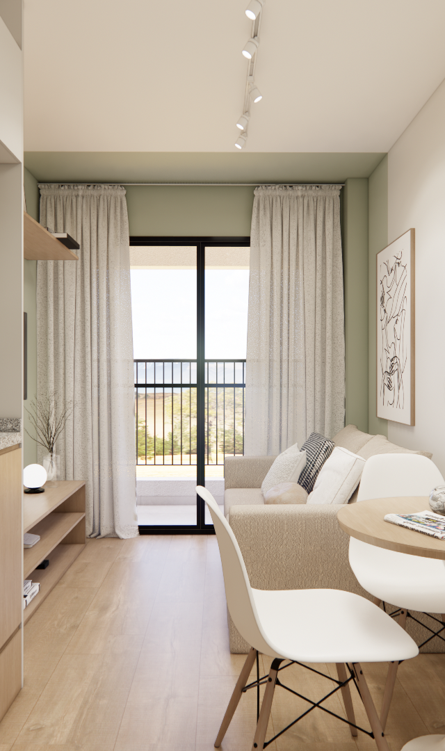 Render 3D de sala e cozinha integradas, marcenaria em madeira clara, bancada em granito, tons neutros e luz natural