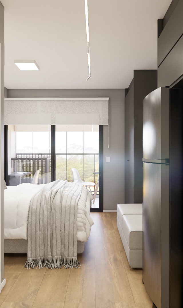 Render 3D de estúdio no MRFB Level Brooklin com cozinha cinza, bancada em granito, piso amadeirado e dormitório integrado