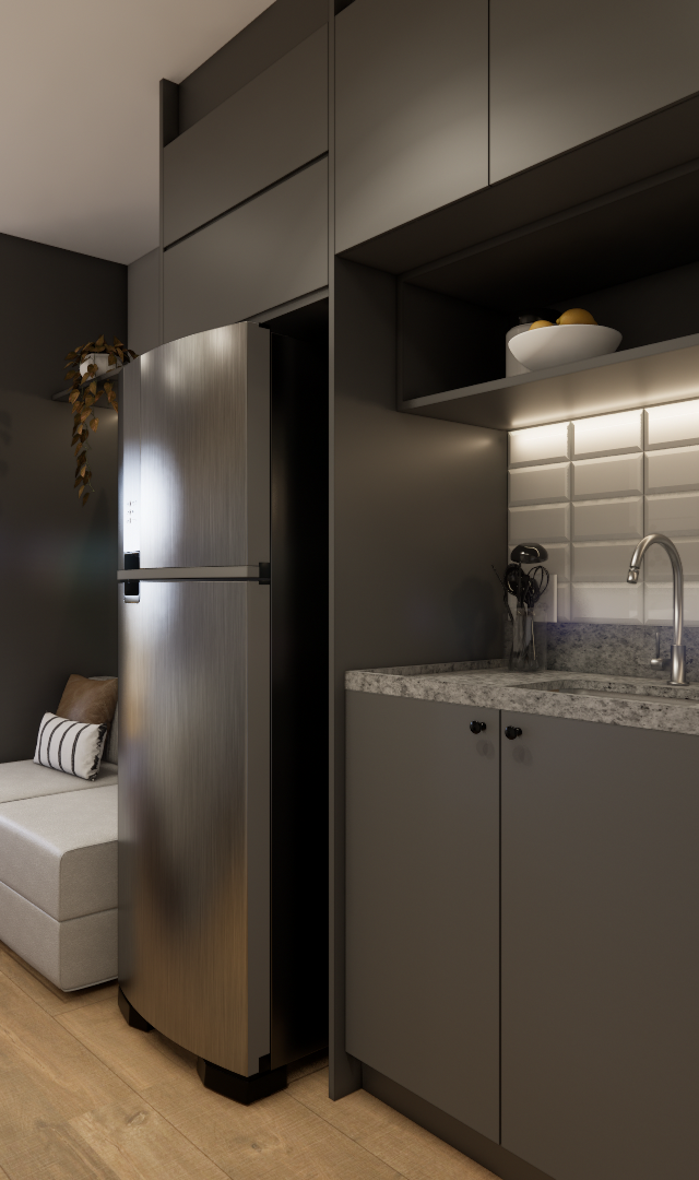 Render 3D de estúdio no Level Brooklin com cozinha cinza, bancada em pedra, marcenaria planejada e piso amadeirado