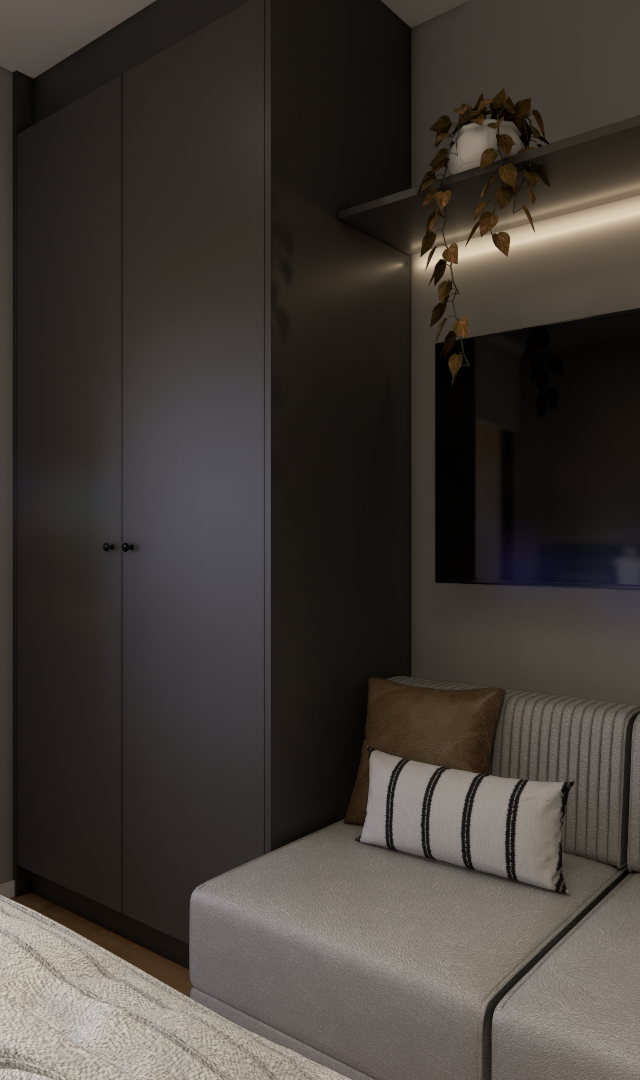 Render 3D de quarto no Level Brooklin com marcenaria cinza, sofá claro, TV, iluminação linear e varanda com vista externa