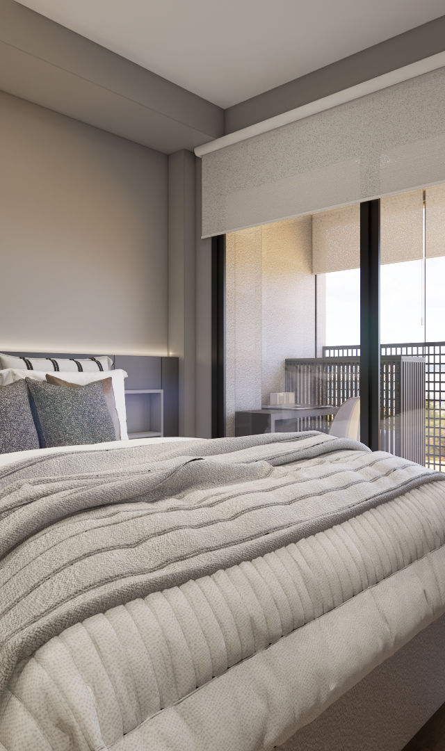 Render 3D de dormitório moderno no Level Brooklin com tons cinza, iluminação indireta, cama e varanda integrada com vista