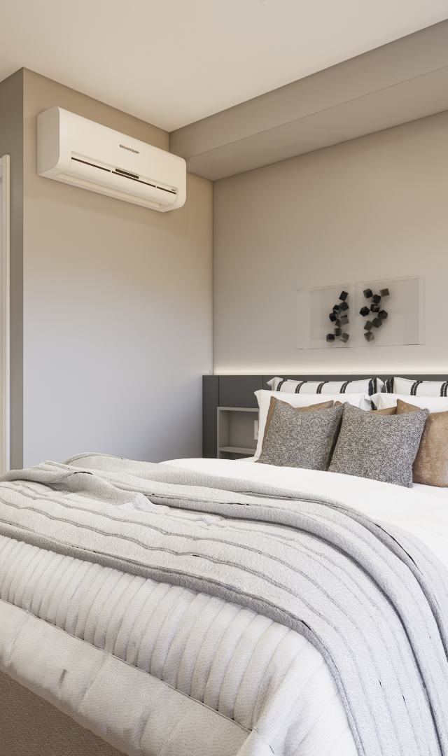 Render 3D de quarto no Level Brooklin com tons cinza, cabeceira de marcenaria, piso amadeirado e iluminação indireta