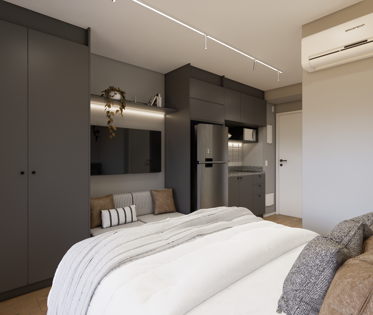 Render 3D de estúdio no Level Brooklin com marcenaria cinza, cama branca, sofá compacto, iluminação linear e tons neutros