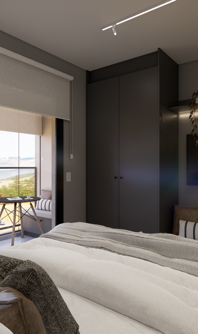 Render 3D de quarto no MRFB - Level Brooklin com tons escuros, cama, marcenaria planejada, TV e varanda com vista externa