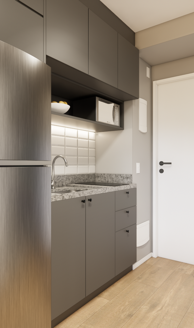 Render 3D de cozinha compacta no Level Brooklin com armários cinza, bancada em granito, piso amadeirado e iluminação LED