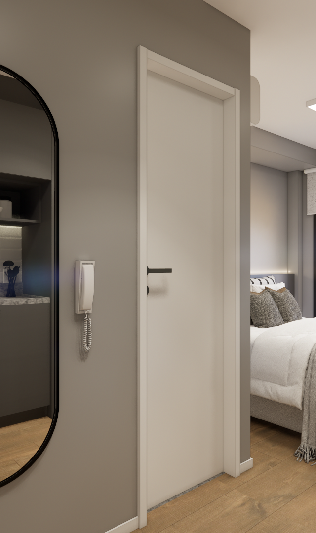 Render 3D de estúdio no Level Brooklin com cozinha cinza, espelho orgânico, cama e varanda iluminada por luz natural