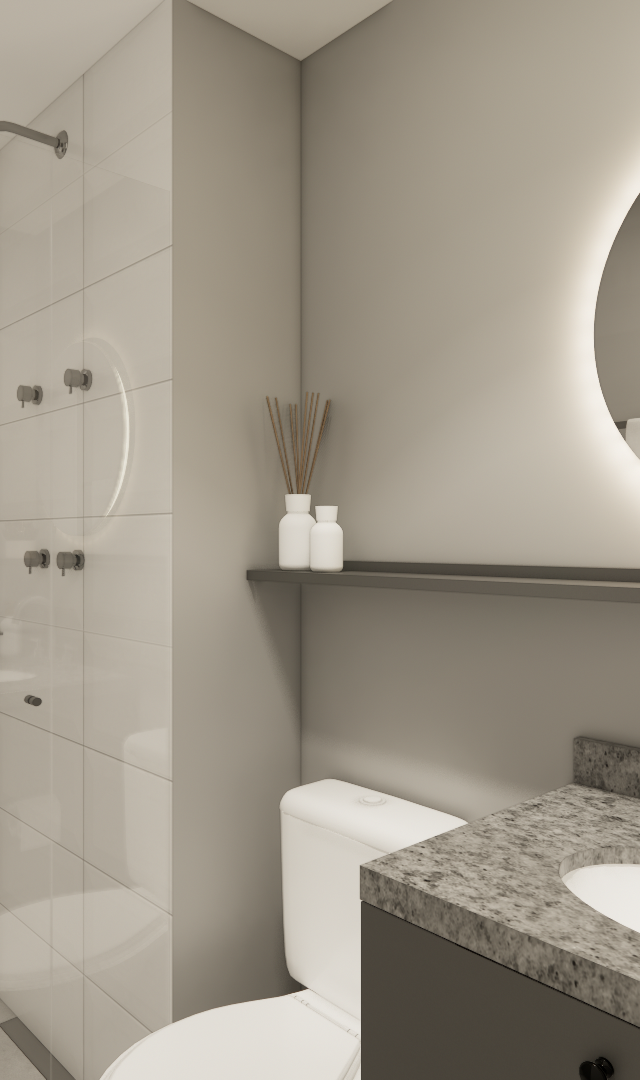 Render 3D de banheiro moderno no MRFB Level Brooklin com tons neutros, espelho redondo iluminado e bancada em granito