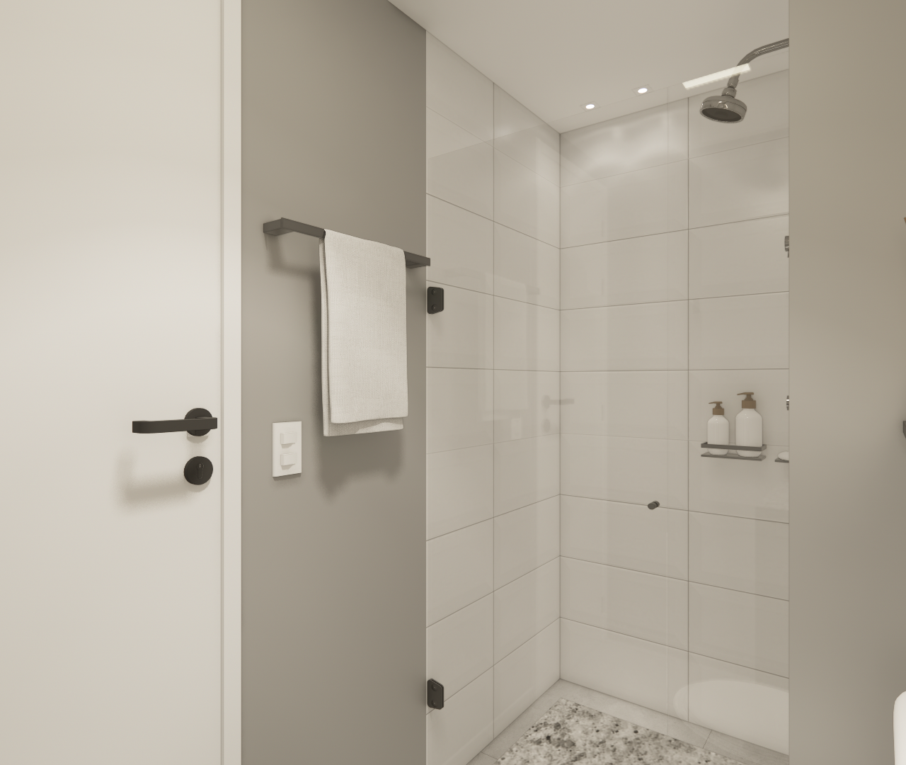 Render 3D de banheiro no MRFB Level Brooklin com tons neutros, paredes em cinza e branco, metais pretos e iluminação led