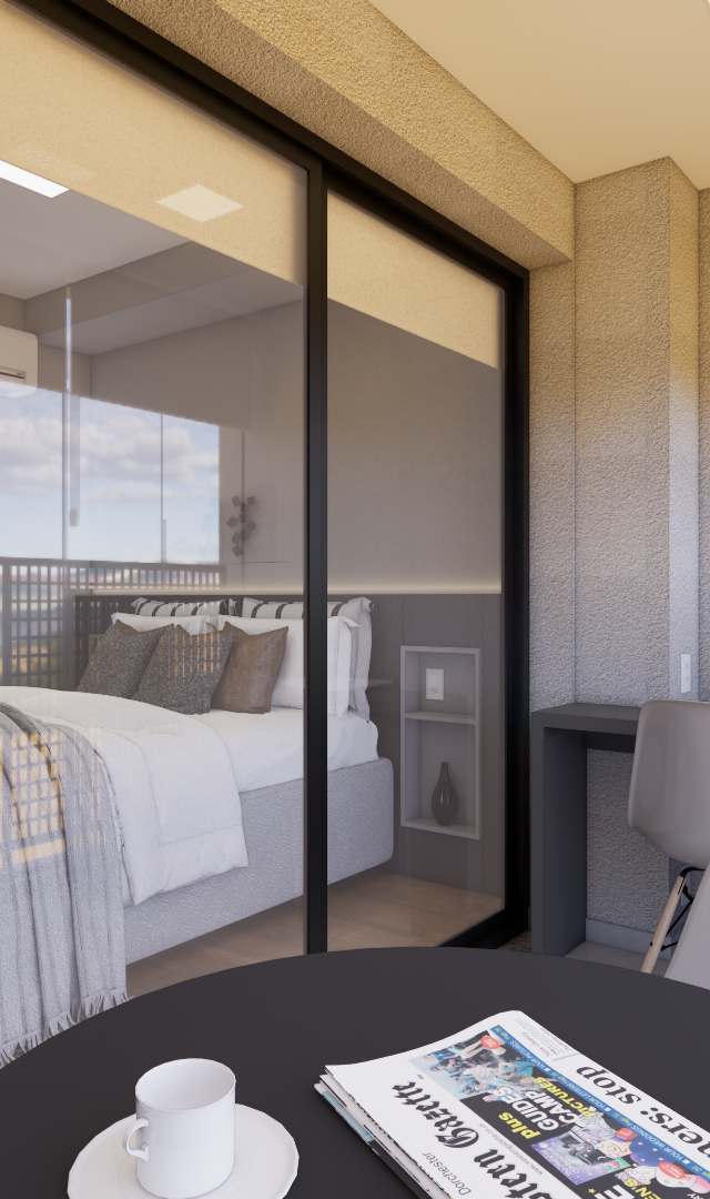 Render 3D de varanda integrada ao quarto com mesa, cadeiras, tons neutros, textura de cimento e iluminação natural