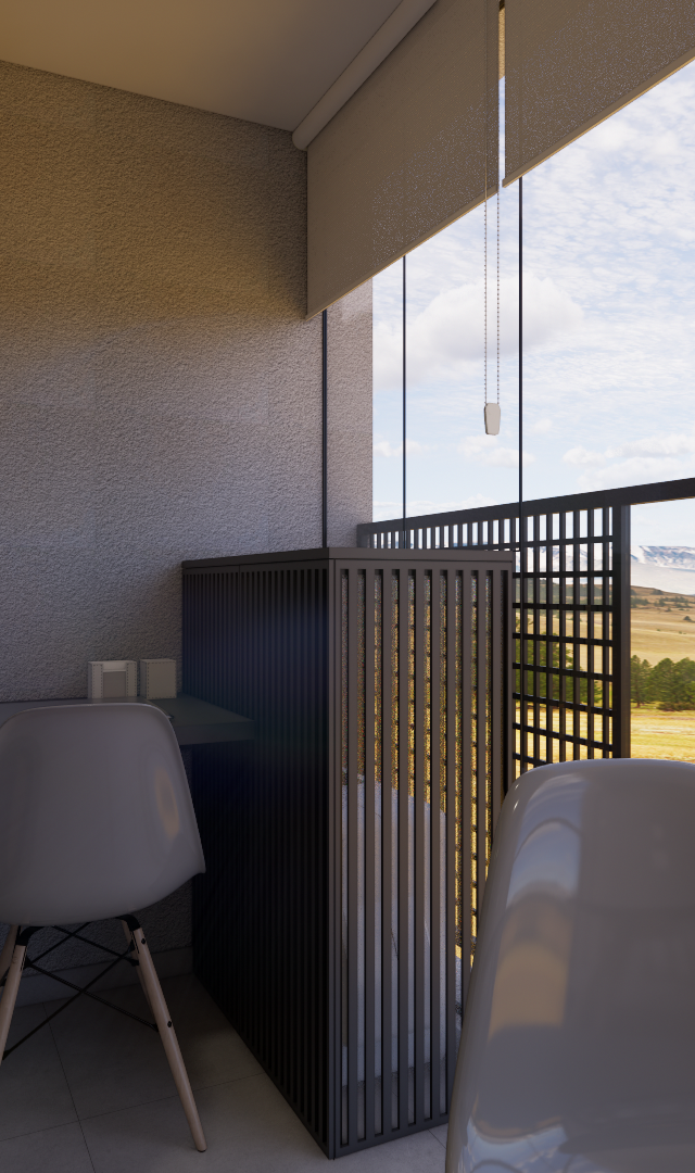 3D de varanda gourmet no MRFB Level Brooklin com mesa cinza, cadeiras brancas, marcenaria ripada e vista para a paisagem
