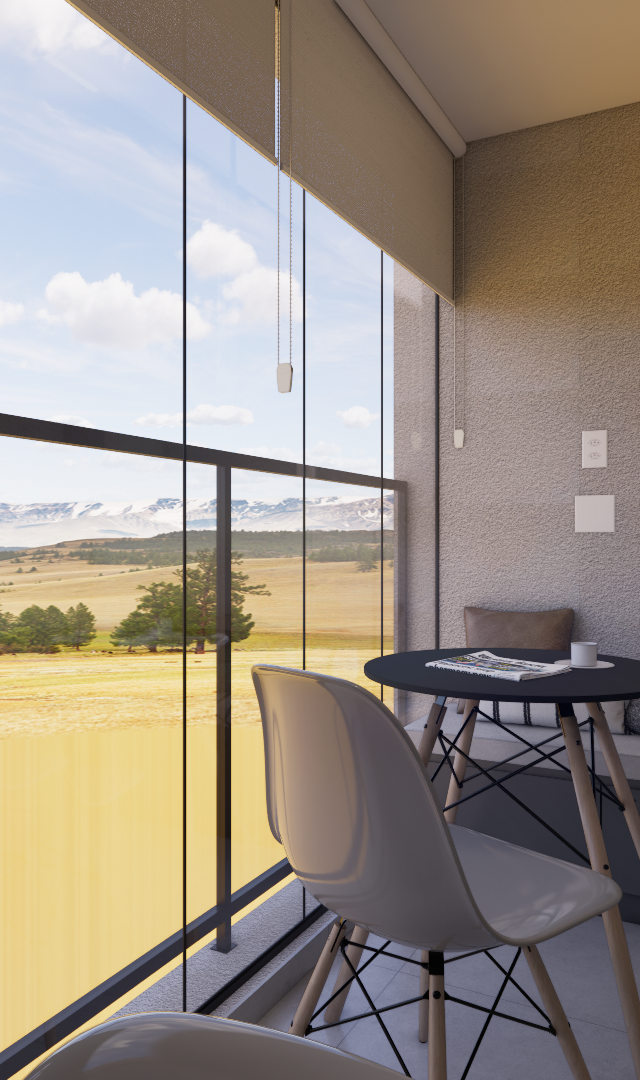 Render 3D de varanda gourmet com fechamento em vidro, mesa redonda preta, cadeiras brancas e banco em tons de cinza