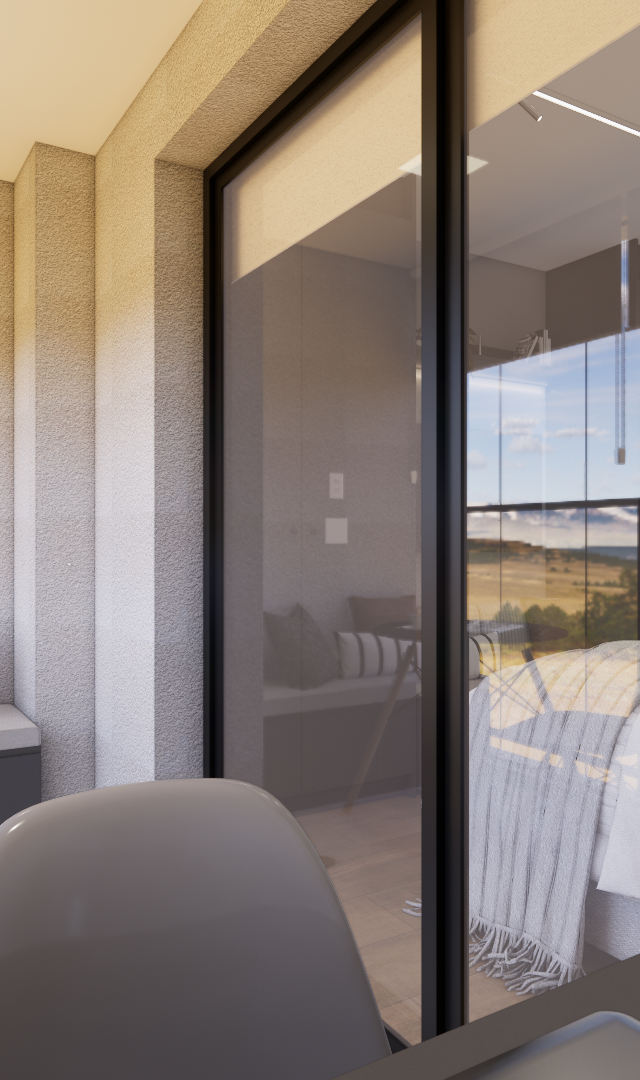 Render 3D de varanda gourmet com mesa redonda, cadeiras brancas, banco estofado, paredes cinza e vista para o quarto MRFB