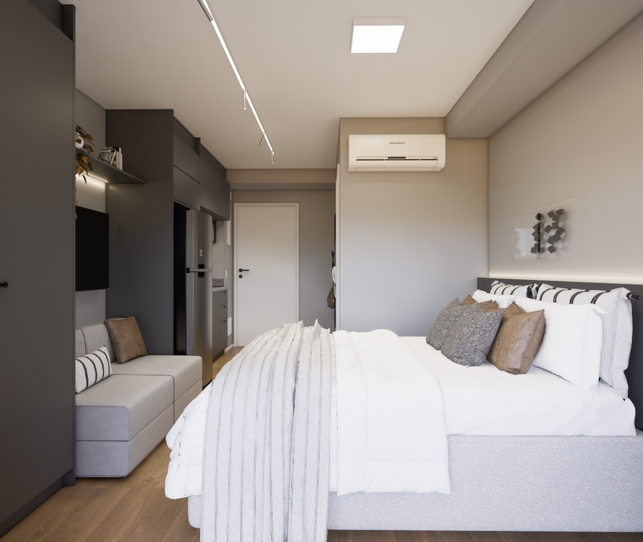 Render 3D de estúdio no Level Brooklin com cama, sofá cinza, marcenaria grafite, tons neutros e iluminação em trilho
