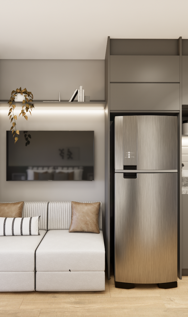 Render 3D de sala e cozinha integradas, marcenaria cinza, sofá claro, bancada em pedra e piso amadeirado no Level Brooklin