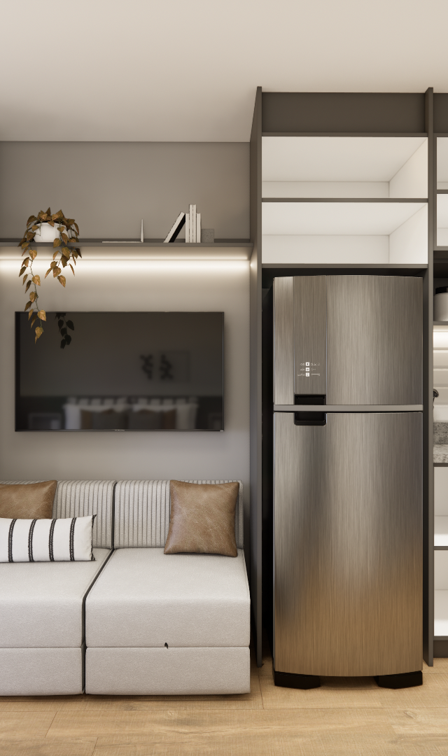 Render 3D de estúdio com armário, sofá-cama, TV, geladeira inox e cozinha cinza com bancada em pedra e piso amadeirado
