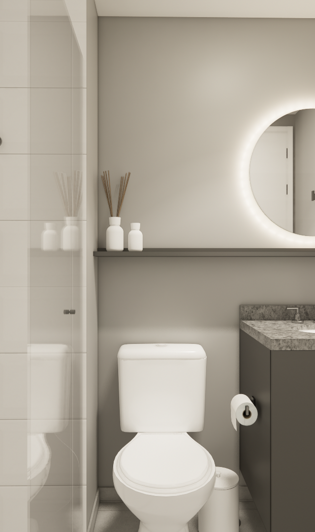 Render 3D de banheiro moderno no MRFB Brooklin com paredes off-white, gabinete cinza, espelho redondo iluminado e box vidro