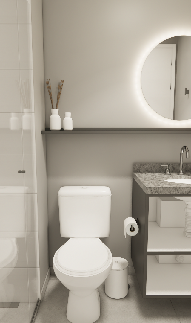 Render 3D de banheiro neutro, espelho redondo iluminado, bancada em pedra, móvel aberto cinza e box com revestimento branco