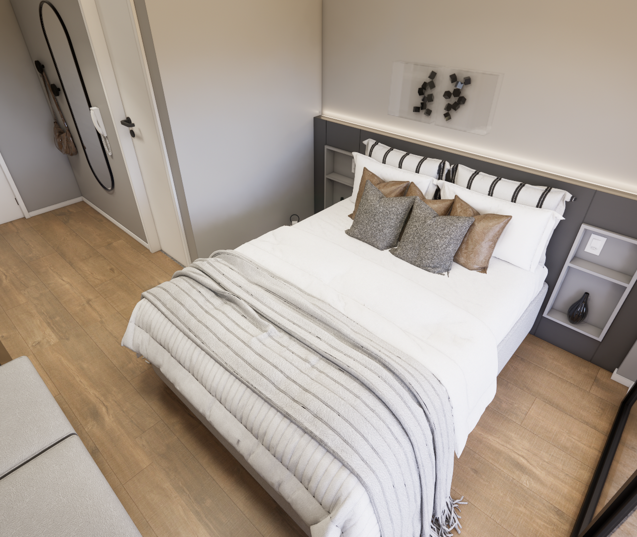 Render 3D de quarto no Level Brooklin com cama de casal, cabeceira cinza, piso amadeirado, tons neutros e iluminação suave