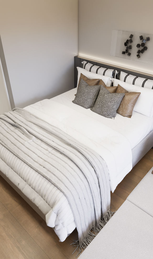 Render 3D de quarto no MRFB Level Brooklin com cama, poltronas cinzas, tons neutros, madeira e iluminação indireta