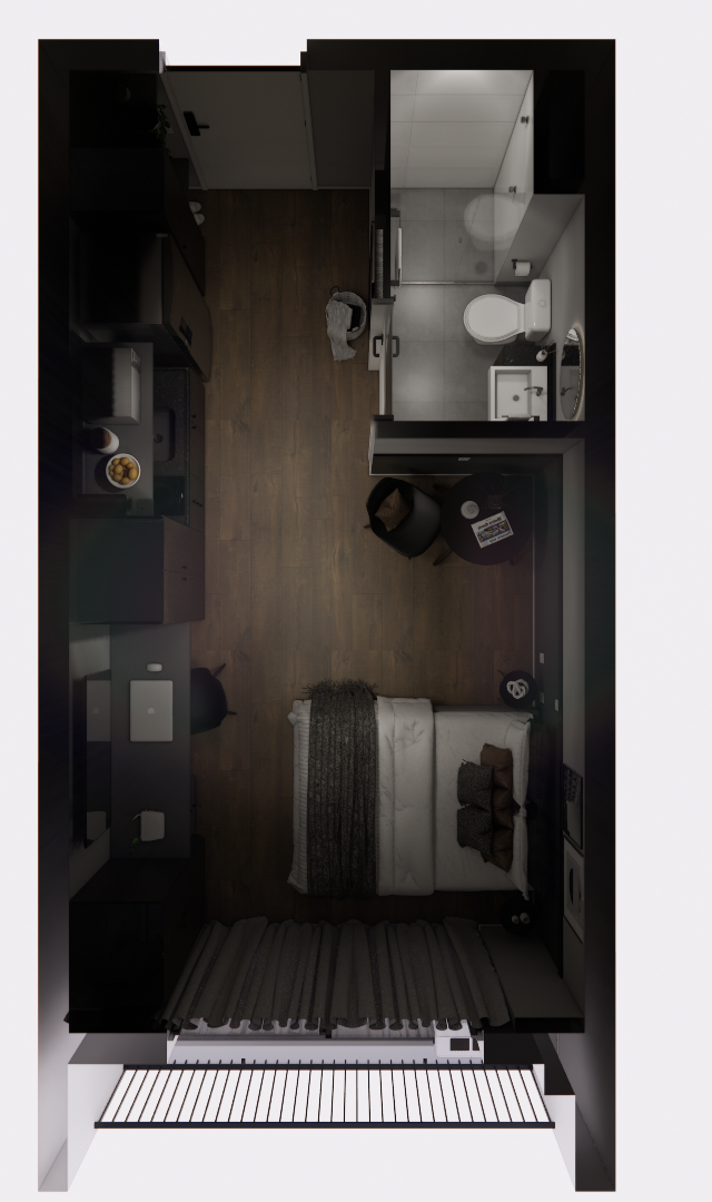 Planta 3D zenital de estúdio na Vila Olímpia com piso amadeirado, mobiliário escuro, cama, cozinha linear e banheiro