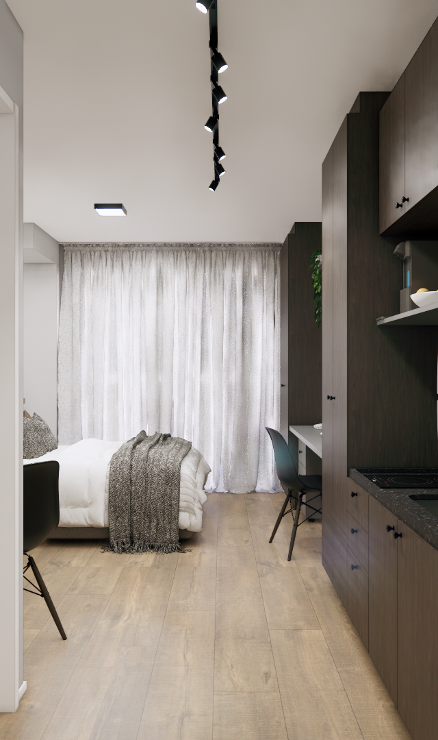 Render 3D de estúdio no DO IT Vila Olímpia com marcenaria escura, piso amadeirado, cozinha linear e dormitório integrado