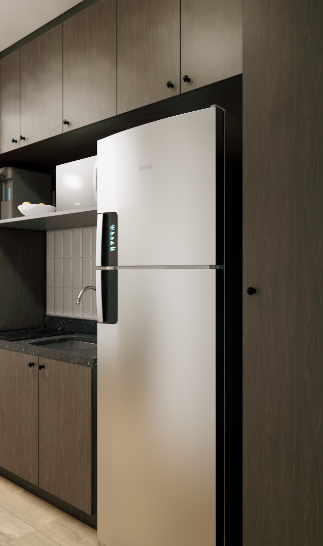 Render 3D de cozinha compacta no MS - DO IT Vila Olímpia com marcenaria escura, geladeira inox, bancada e piso amadeirado