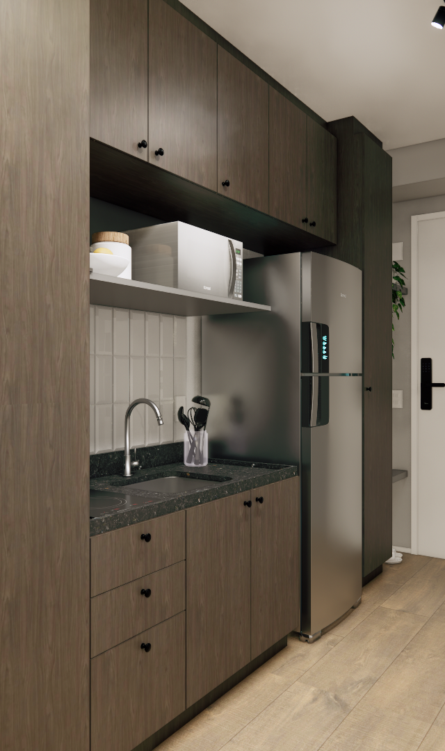 Render 3D de cozinha linear em tons amadeirados com bancada em granito escuro, marcenaria planejada e piso de madeira