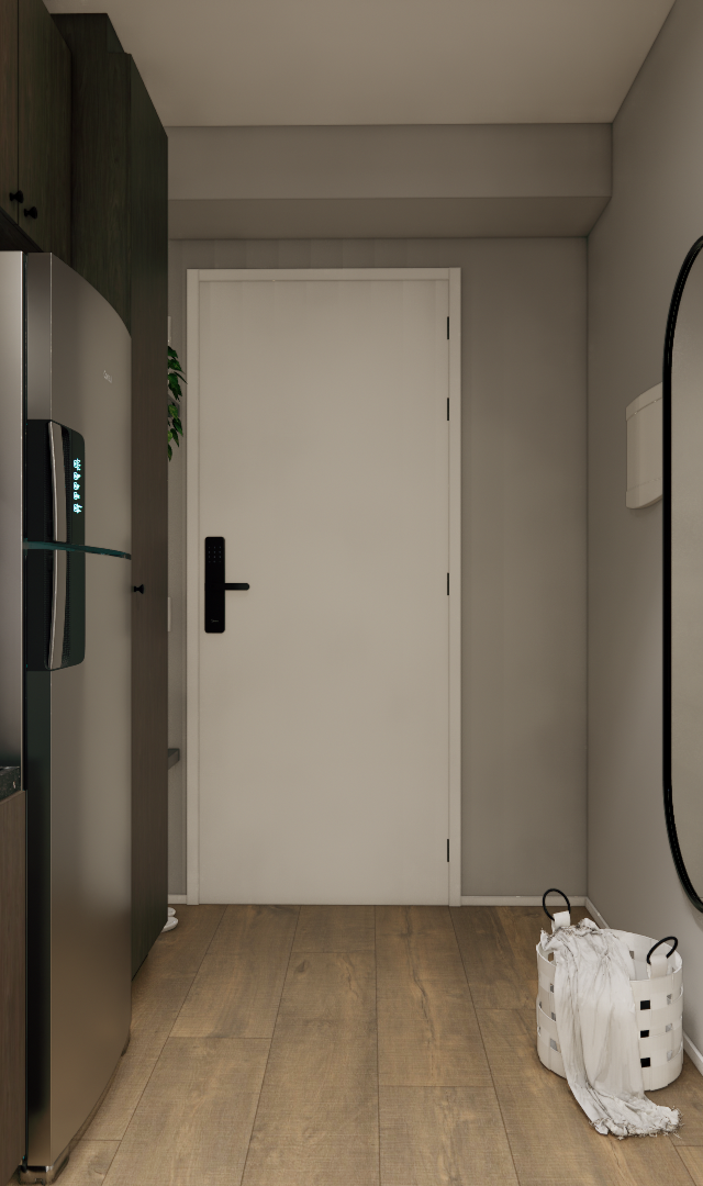 Render 3D de cozinha compacta com marcenaria em tons escuros, bancada de granito, espelho oval e piso amadeirado