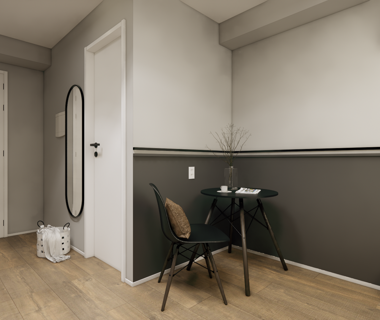 Render 3D de canto de ambiente moderno com mesa preta, cadeira, espelho oval e paredes em tons de cinza sobre piso amadeirado