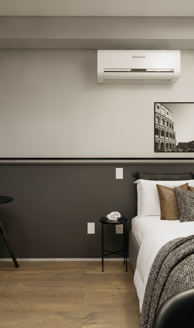Render 3D de quarto no MS - DO IT Vila Olímpia com paredes bicolor, cama, mesa preta e cadeira design em tons neutros