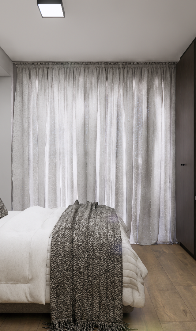Render 3D de quarto moderno em Vila Olímpia com cama, marcenaria em tons escuros, mesa de trabalho e cortinas claras