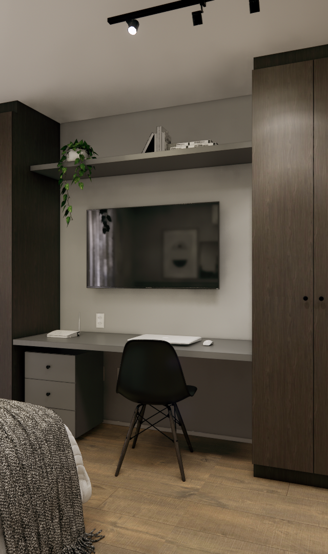 Render 3D de estúdio com marcenaria em tons amadeirados escuros, bancada de trabalho, cozinha compacta e piso vinílico
