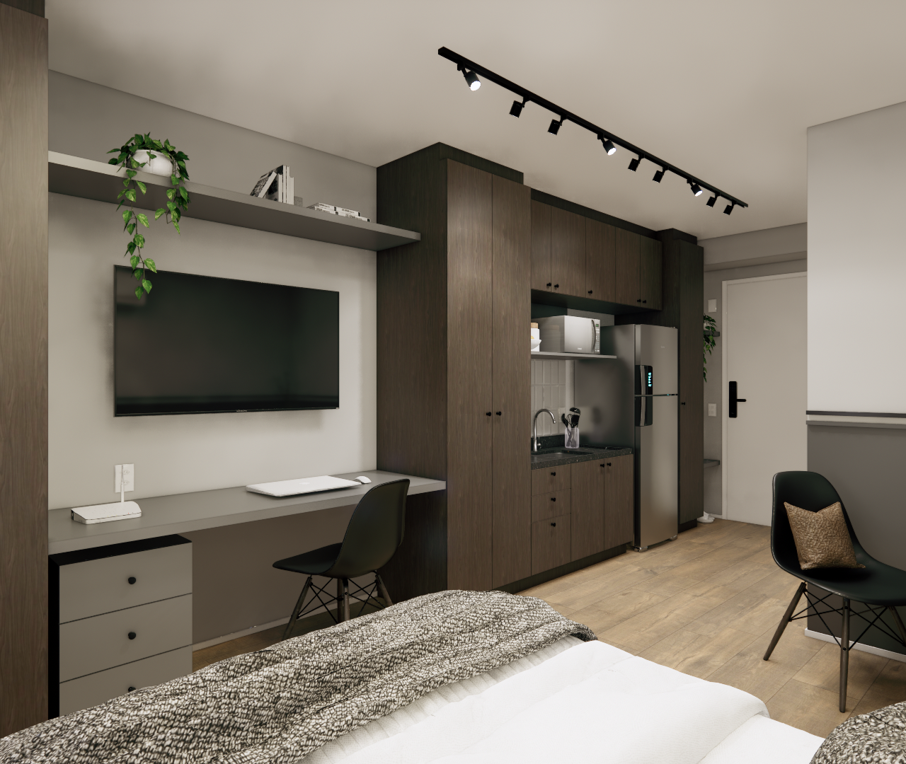 Render 3D de estúdio em Vila Olímpia com marcenaria em madeira escura, mesa de trabalho, cozinha compacta e tons neutros