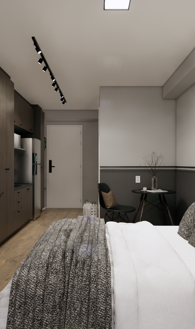 Render 3D de quarto moderno em tons de cinza e madeira com cama, bancada de trabalho, iluminação em trilho e decoração