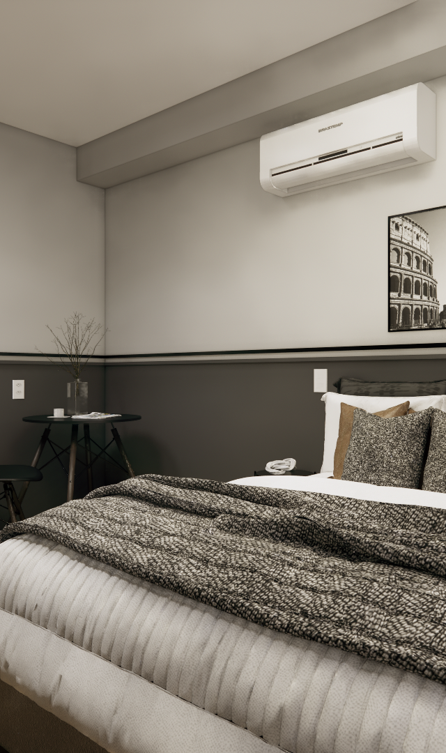 Render 3D de quarto na Vila Olímpia com tons cinza, cama de casal, mesa de apoio, piso amadeirado e iluminação pontual