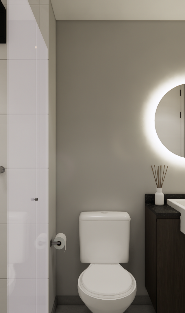 Render 3D de banheiro moderno no MS - DO IT Vila Olímpia com marcenaria escura, bancada preta e espelho redondo iluminado
