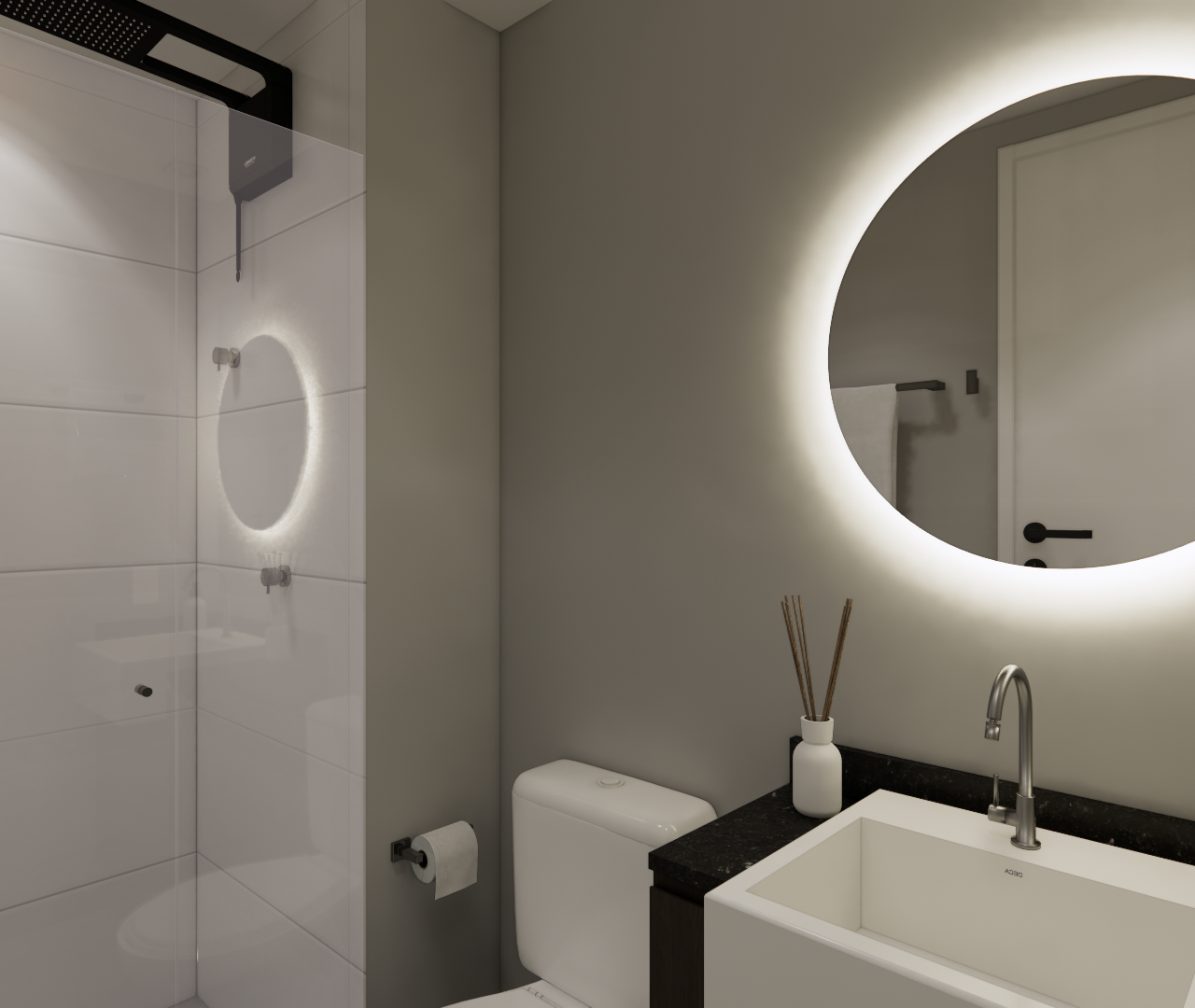 Render 3D de banheiro Vila Olímpia com espelho redondo iluminado, bancada preta, cuba branca e box de vidro em tons neutros