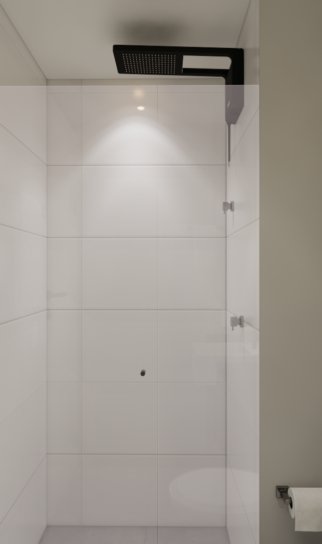 Render 3D de banheiro moderno no MS - DO IT Vila Olímpia com metais pretos, box de vidro, paredes cinzas e luz indireta
