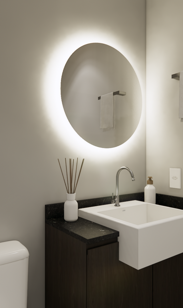 Render 3D de lavabo minimalista com paredes cinzas, espelho redondo iluminado, cuba branca e gabinete de madeira escura