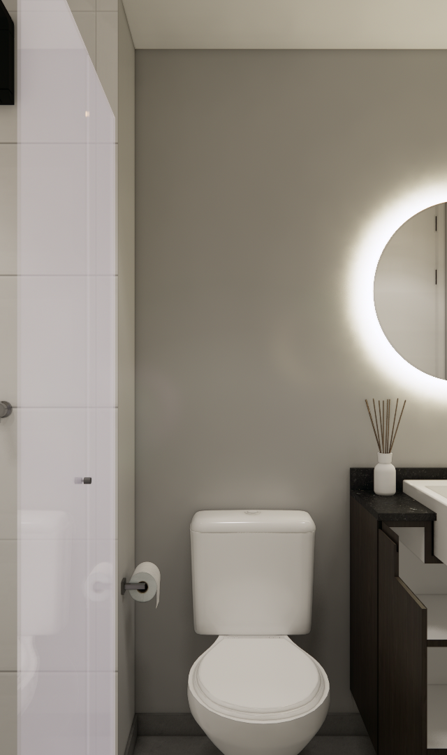 Render 3D de banheiro Vila Olímpia com box, tons cinza, marcenaria escura, bancada preta, cuba branca e espelho iluminado