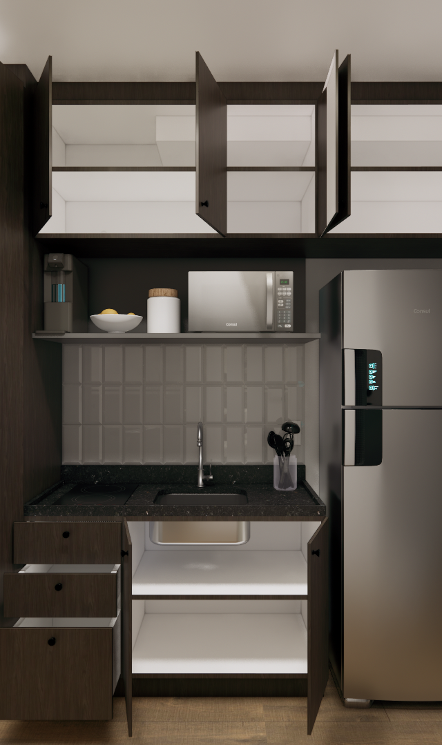Render 3D de copa compacta no MS - DO IT Vila Olímpia com marcenaria escura, geladeira inox e bancada em granito preto