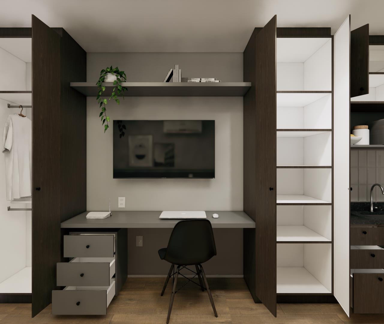 Render 3D de home office integrado com cozinha, marcenaria em tons escuros e madeira, luz neutra e layout funcional