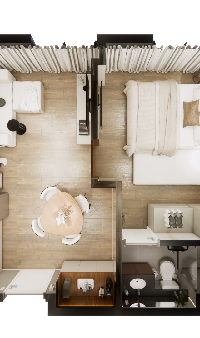 Planta 3D do apartamento Urban Flex com sala e mesa redonda à esquerda, dormitório à direita e cozinha junto à entrada.